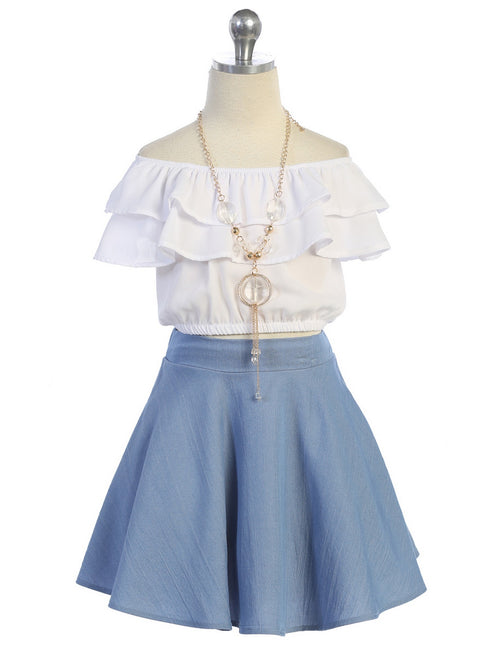 Just Kids Girls Ruffle Off Shoulder Top Denim Skirt 2 Piece Outfit with Necklace, Sizes 4-14 - SophiasStyle.com